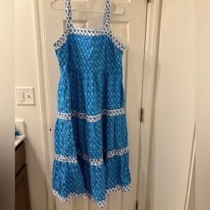 Block-print squareneck tiered midi dress